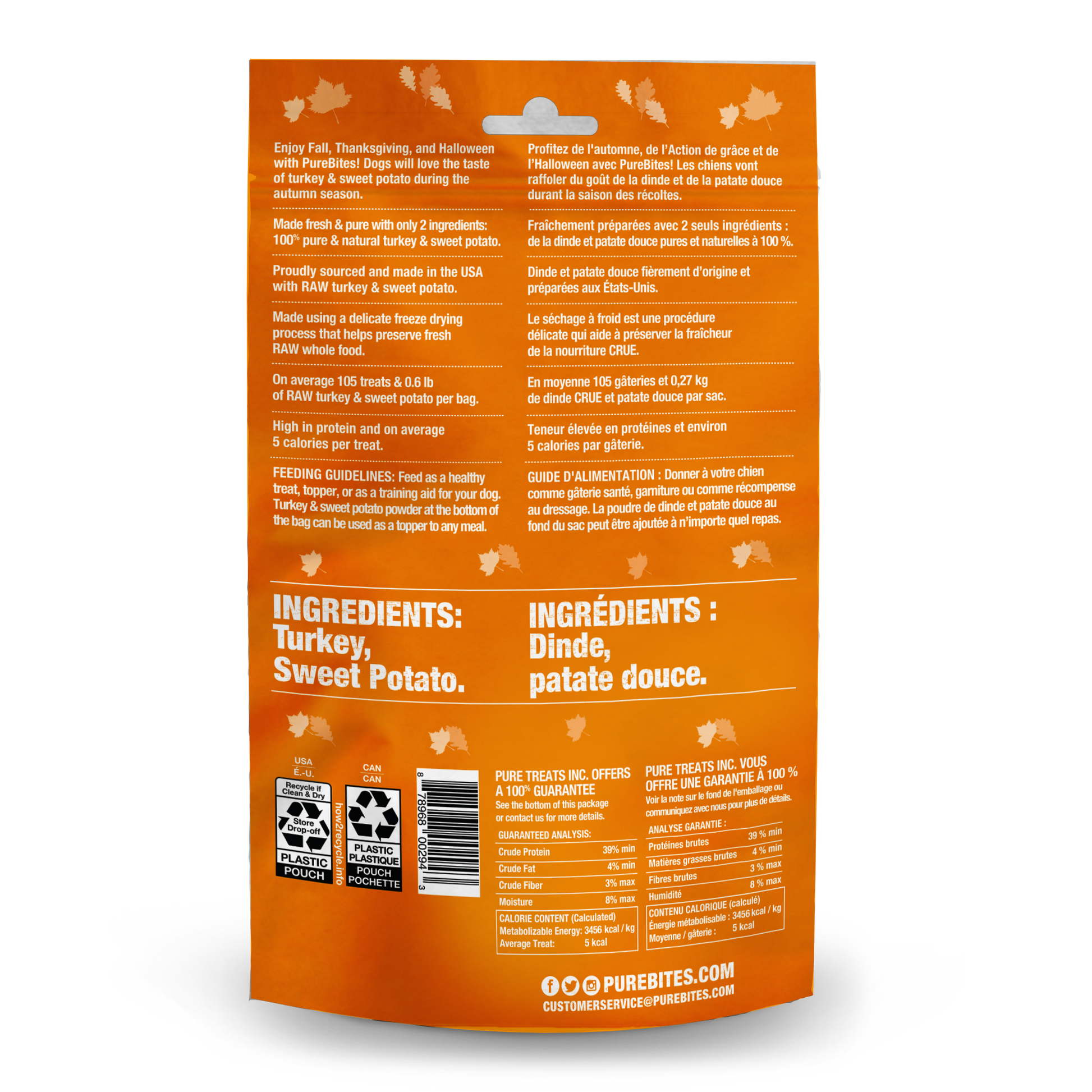 Back Image of PureBites Freeze Dried Dog Treats, Turkey & Sweet Potato, 71g | 2.5oz, Mid size