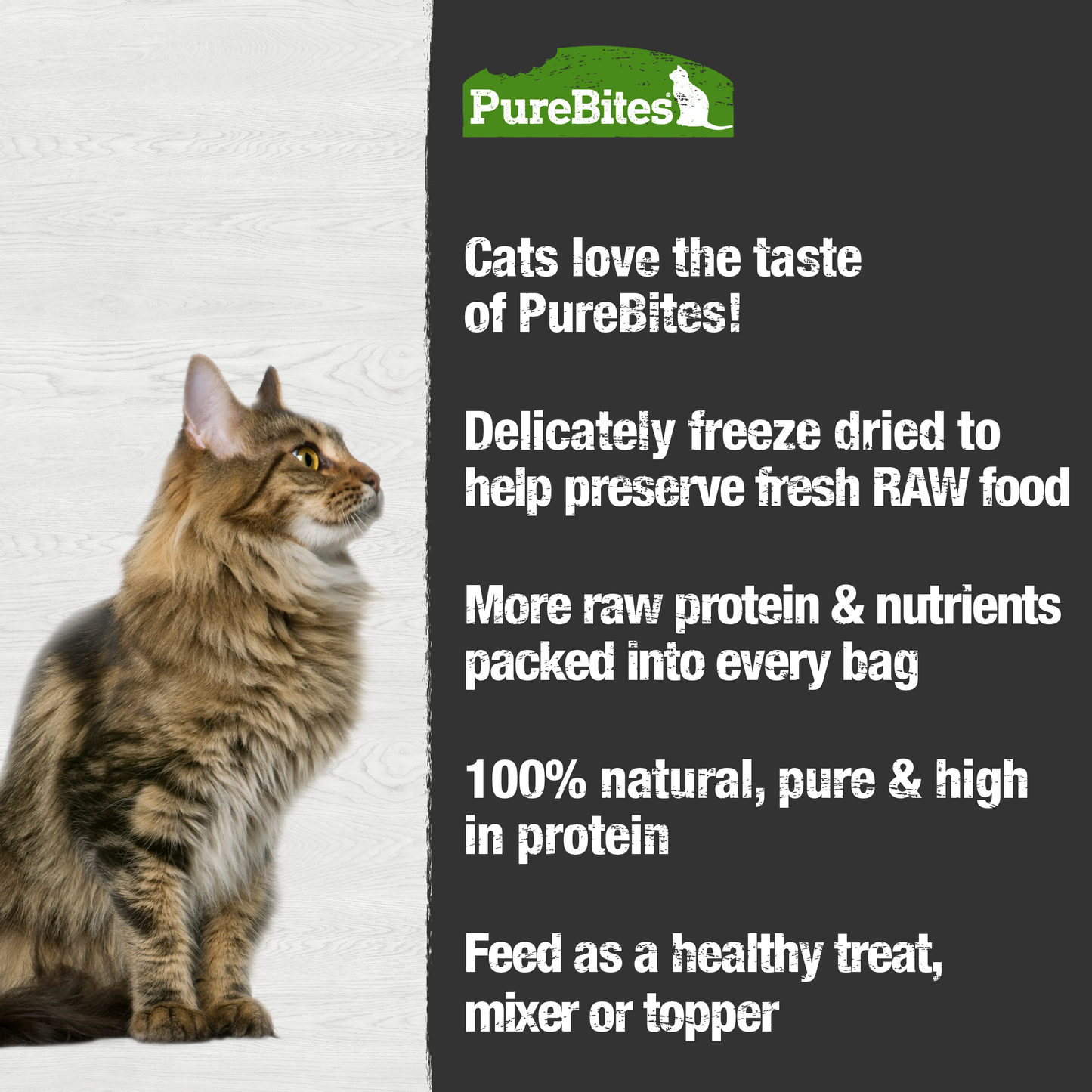 Made fresh & pure means more RAW protein and nutrients packed into every bag. Our chicken & catnip is freeze dried to help preserve its RAW taste, and nutrition, and mirror a cat’s ancestral diet