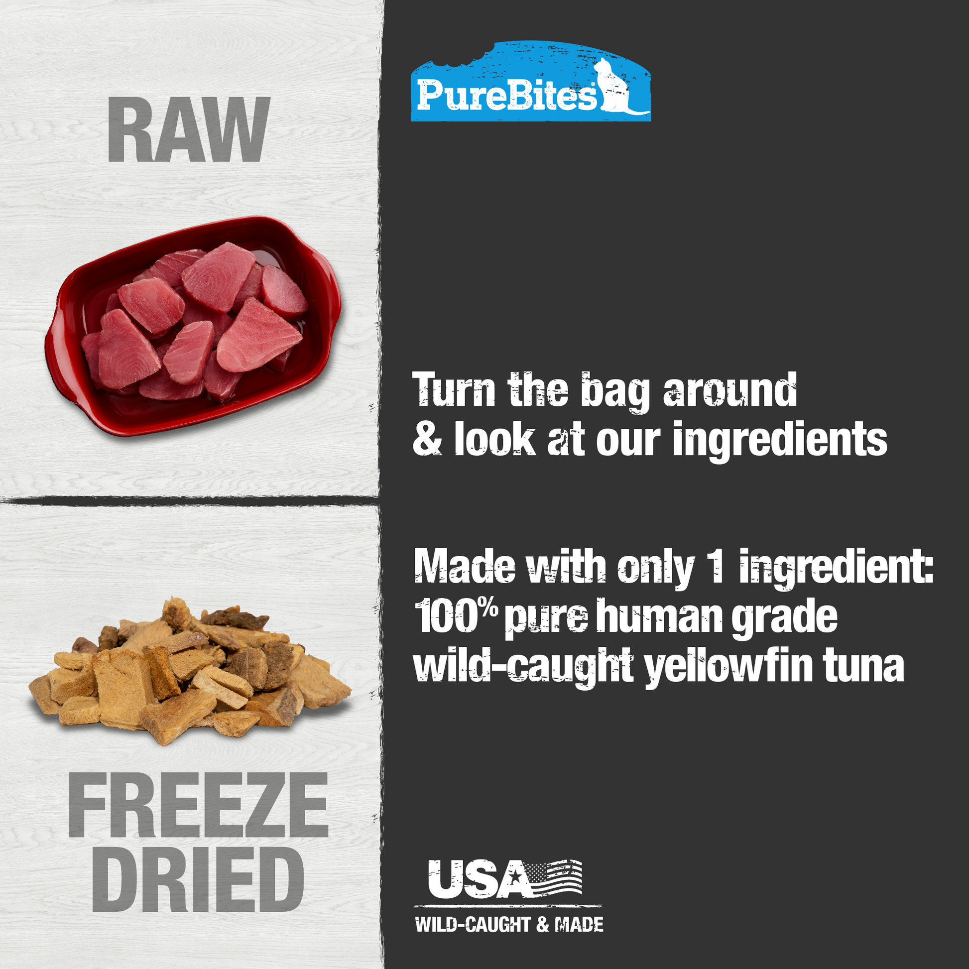 Made with only 1 Ingredient you can read, pronounce, and trust: USA sourced wild-caught human grade tuna.