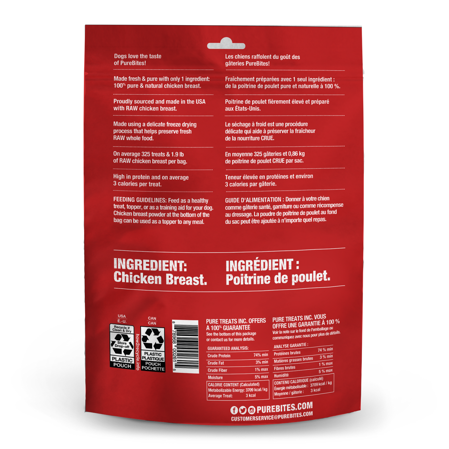 Back Image of PureBites Freeze Dried Dog Treats, Chicken, 525g | 18.5oz, Jumbo size