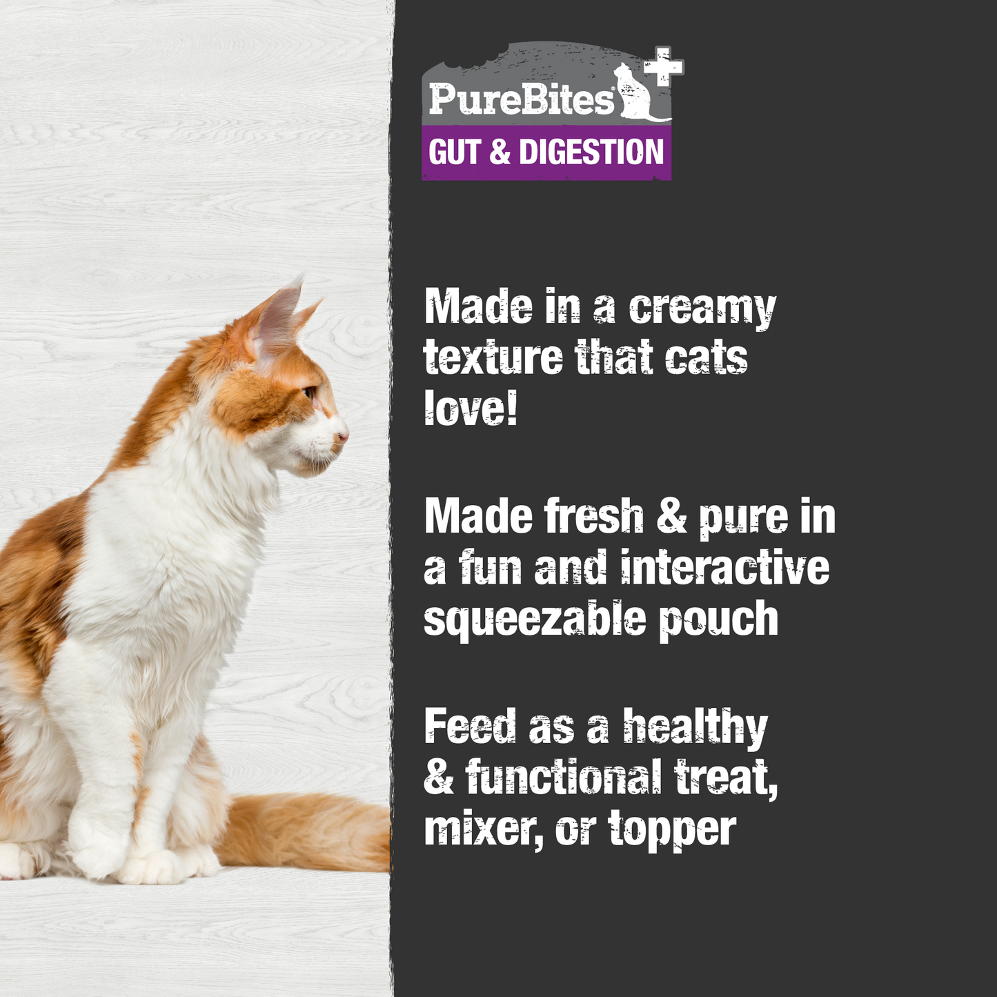 Made fresh & pure in a creamy texture and in a fun and interactive squeezable pouch, locking in the taste cats crave and superior nutrition that pet parents love
