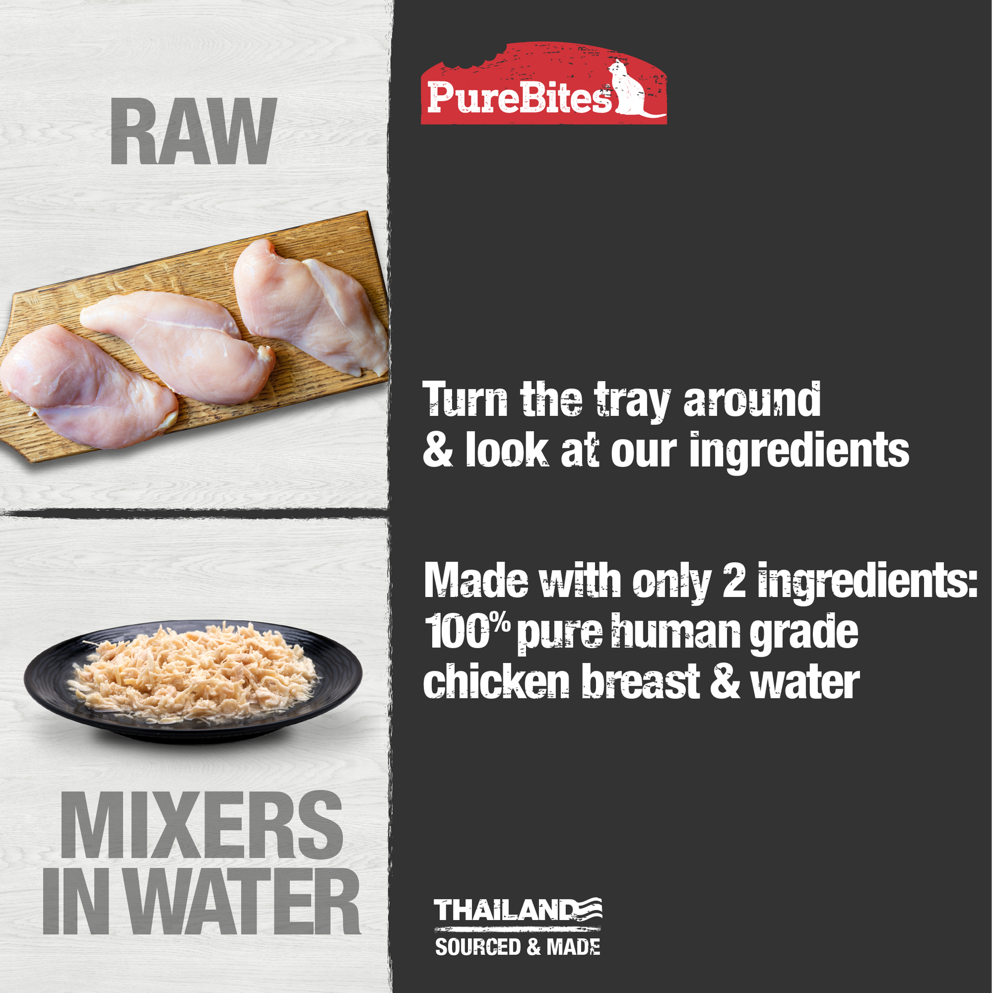Made with only 2 Ingredients you can read, pronounce, and trust: Chicken breast, water.