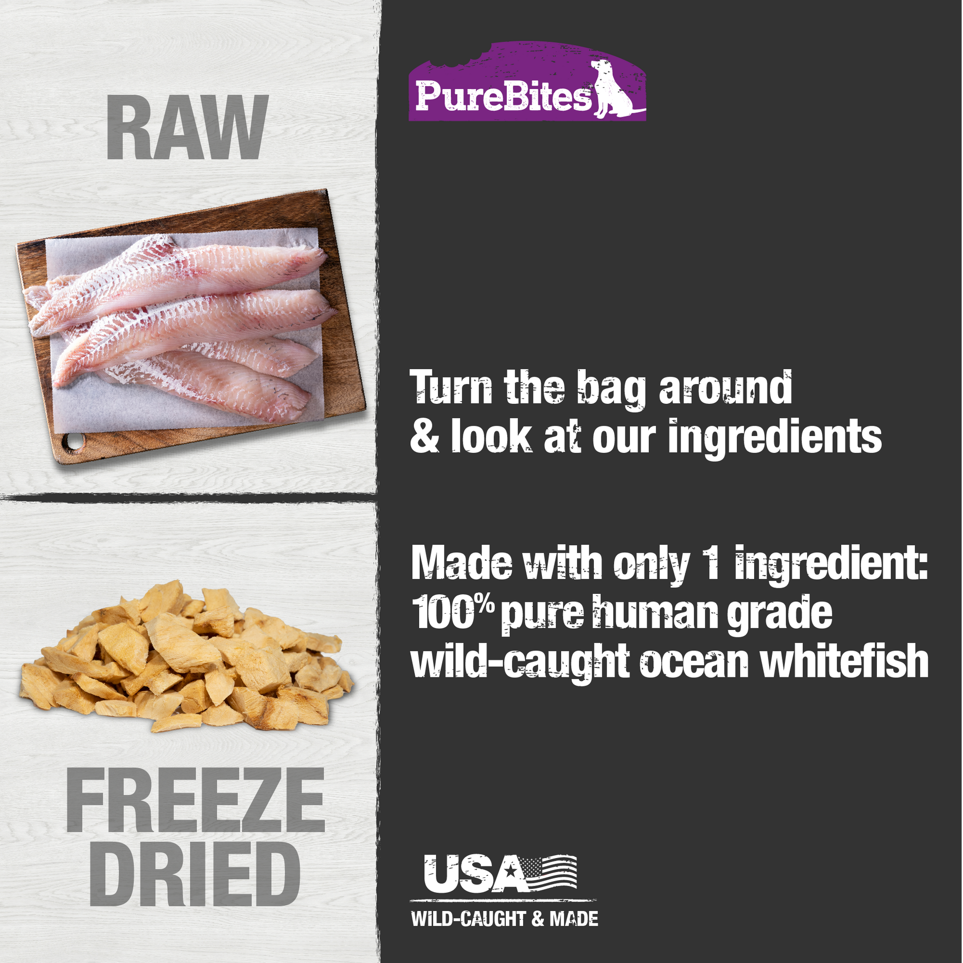 Made with only 1 Ingredient you can read, pronounce, and trust: USA sourced wild-caught human grade ocean whitefish.