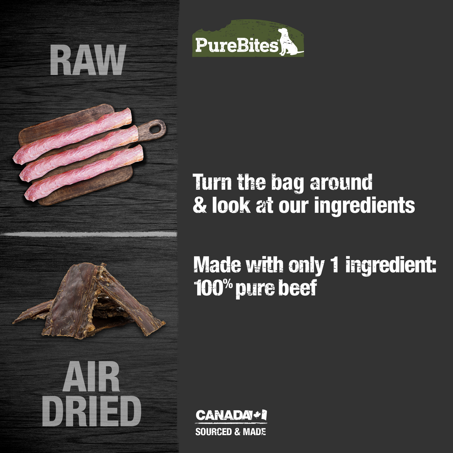 Made with only 1 Ingredient you can read, pronounce, and trust: Canadian sourced beef.