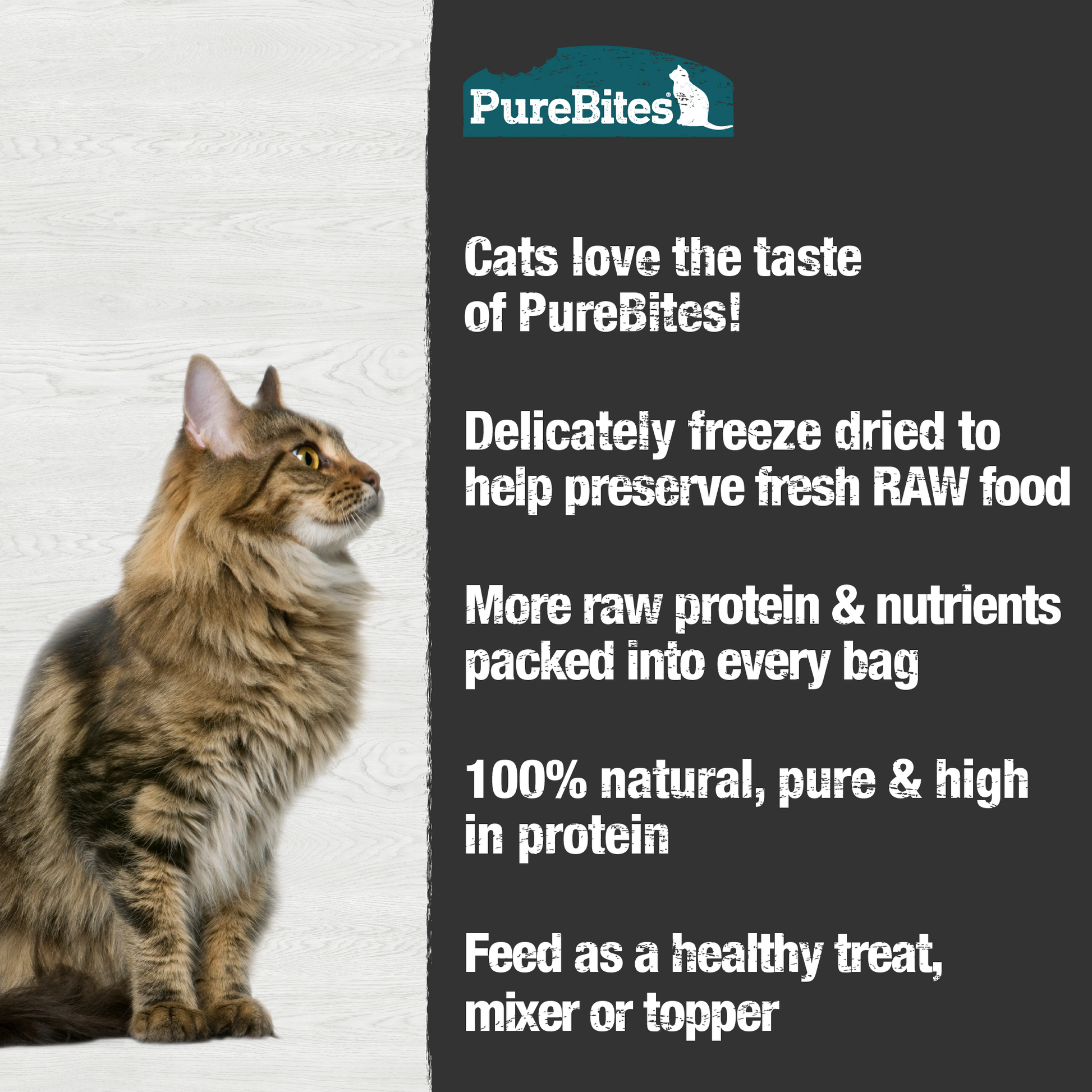 Made fresh & pure means more RAW protein and nutrients packed into every bag. Our minnows are freeze dried to help preserve their RAW taste, and nutrition, and mirror a cat’s ancestral diet