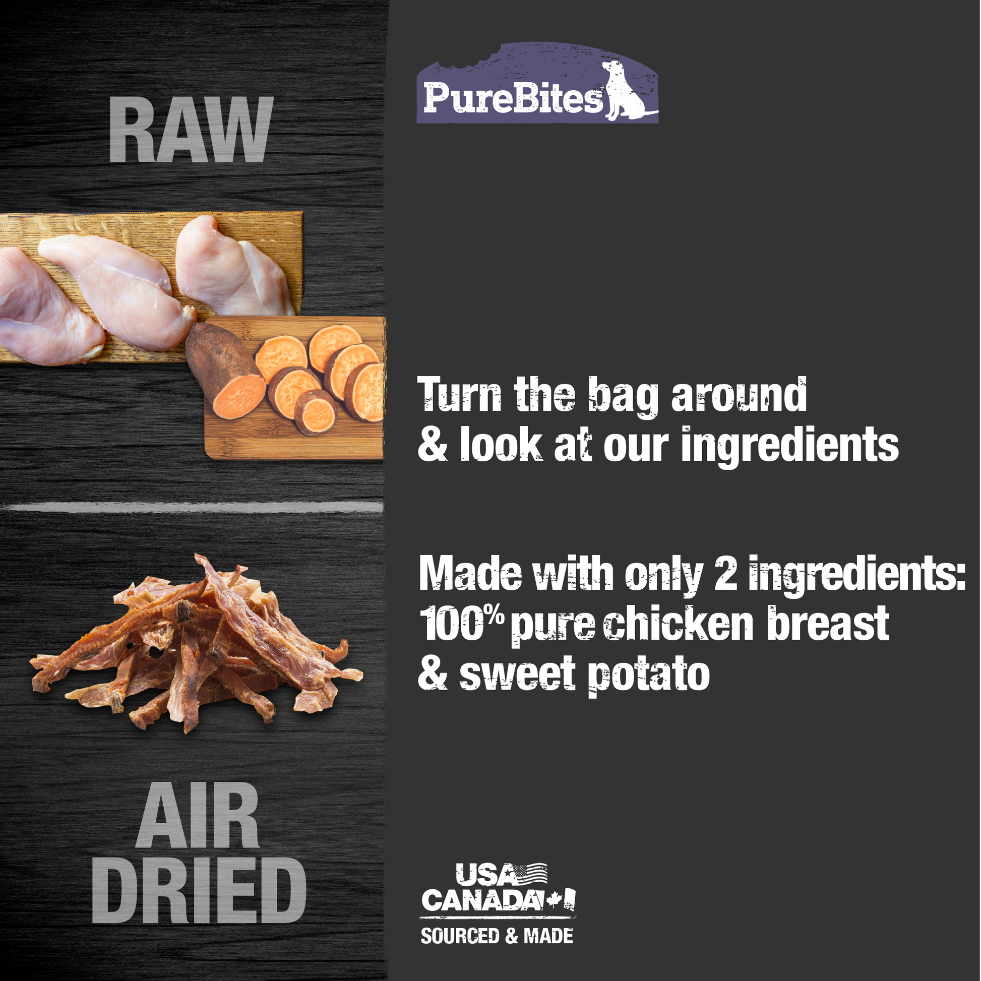 Made with only 2 Ingredients you can read, pronounce, and trust: USA & Canadian sourced chicken breast, sweet potato.