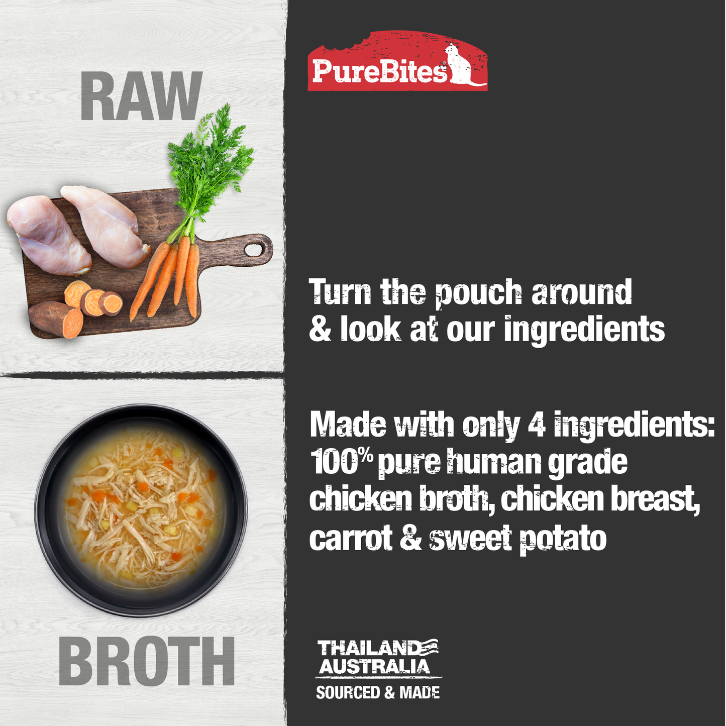 Made with only 4 Ingredients you can read, pronounce, and trust: Human grade chicken broth, chicken breast, carrot, sweet potato.