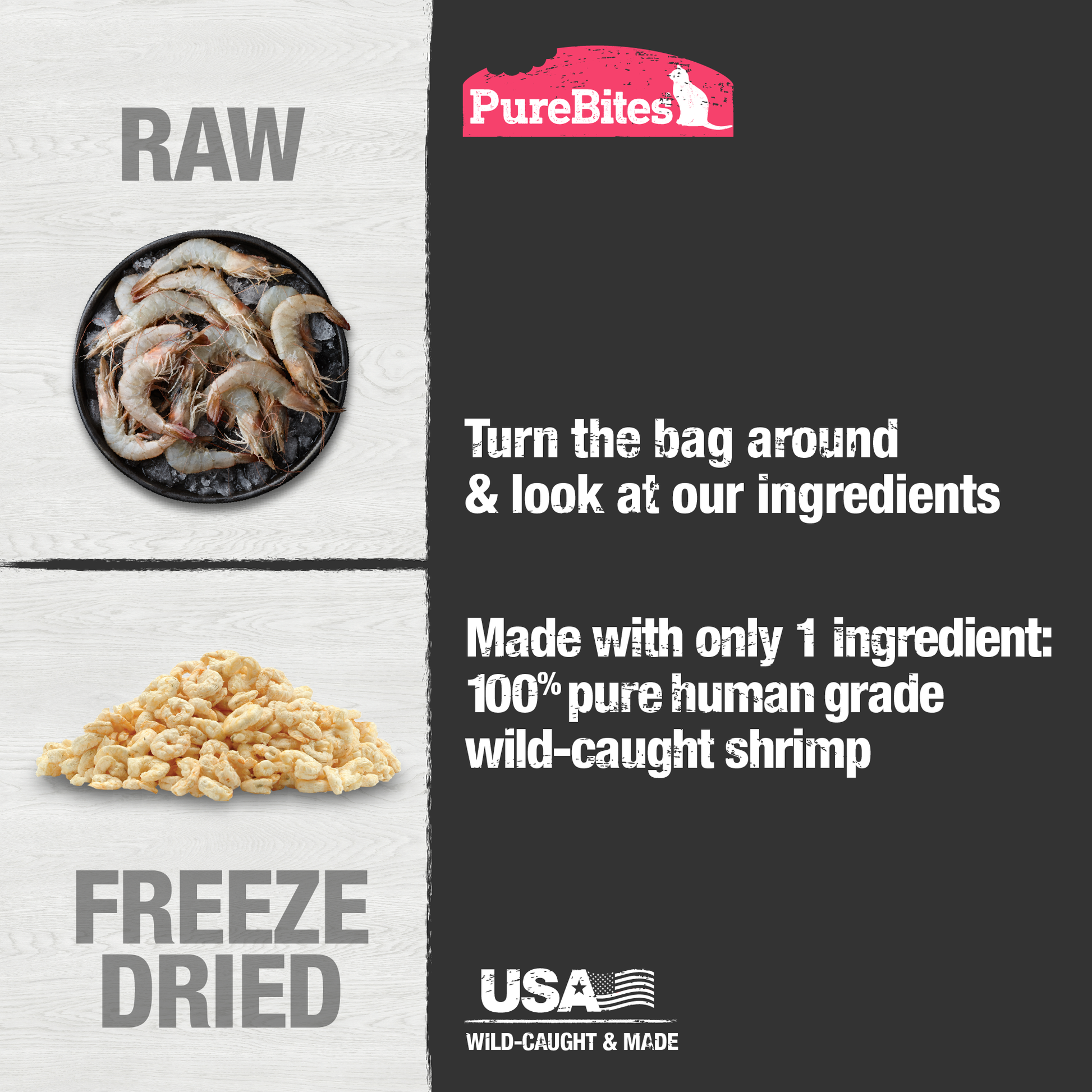 Made with only 1 Ingredient you can read, pronounce, and trust: USA sourced wild-caught human grade Shrimp.