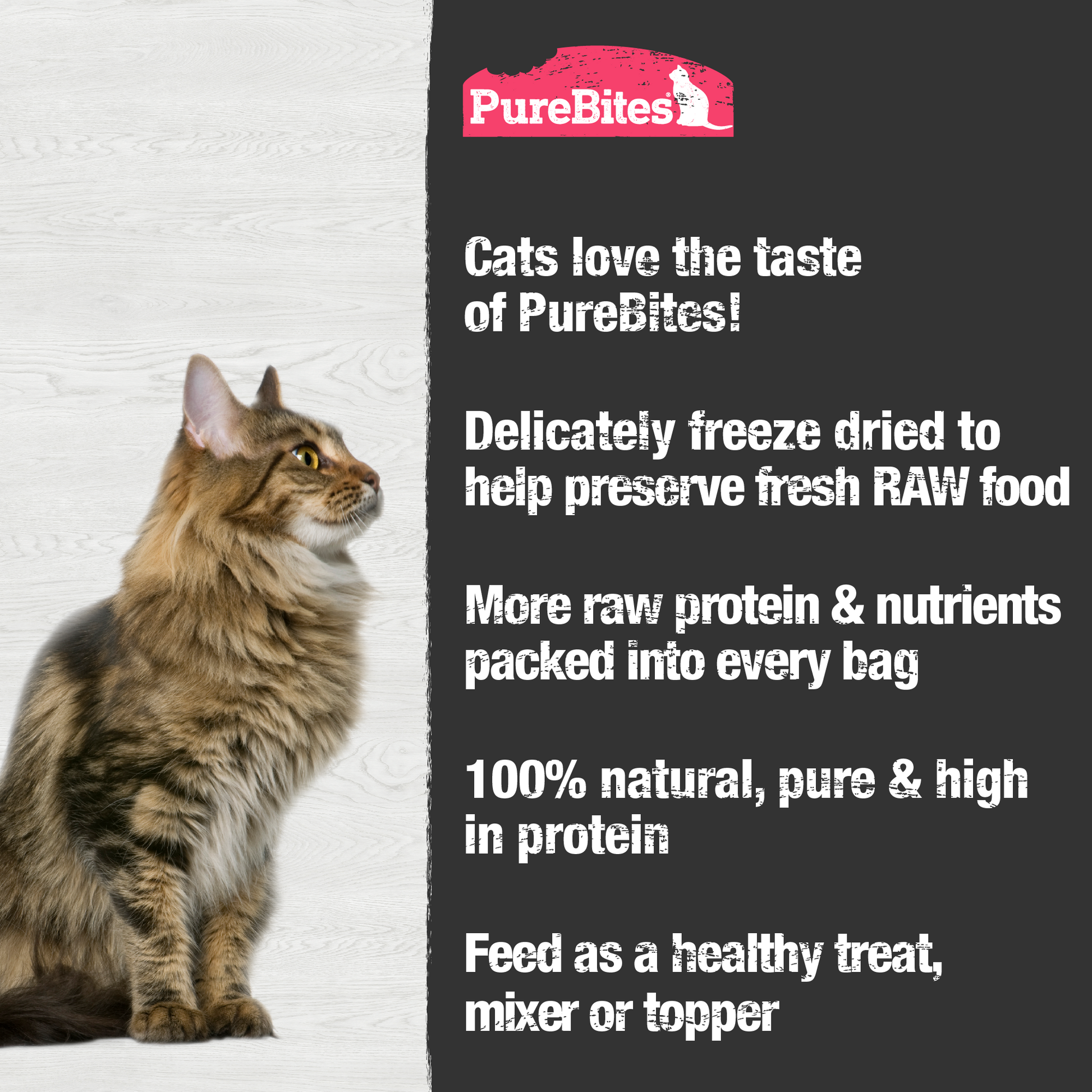 Made fresh & pure means more RAW protein and nutrients packed into every bag. Our shrimp is freeze dried to help preserve its RAW taste, and nutrition, and mirror a cat’s ancestral diet