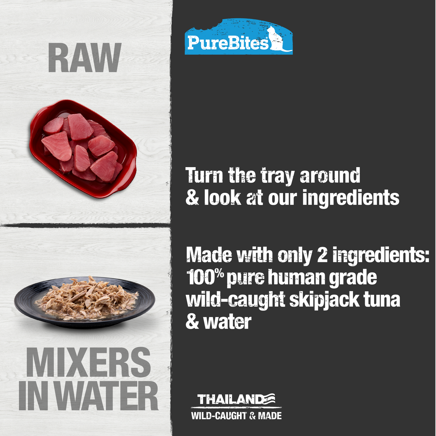 Made with only 2 Ingredients you can read, pronounce, and trust: Wild-caught Skipjack tuna, water.