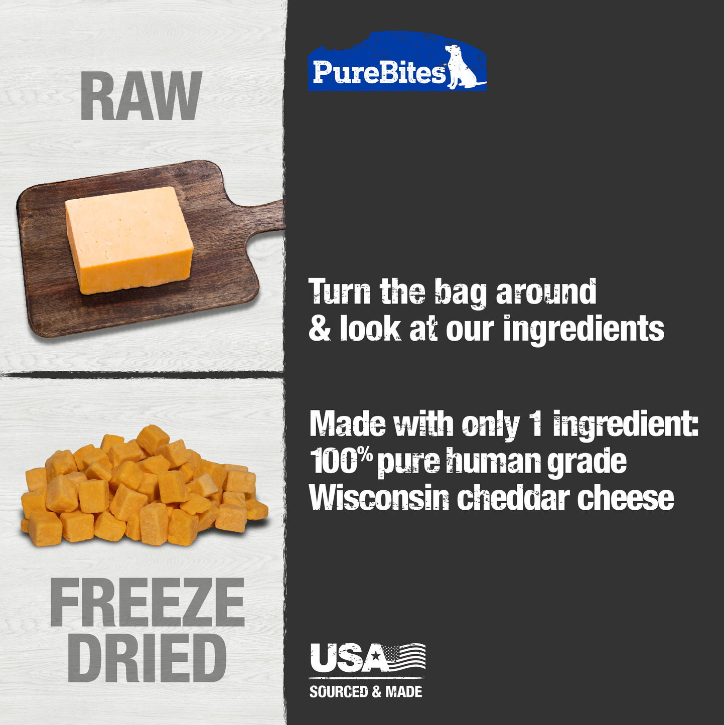 Made with only 1 Ingredient you can read, pronounce, and trust: USA sourced human grade cheddar cheese.