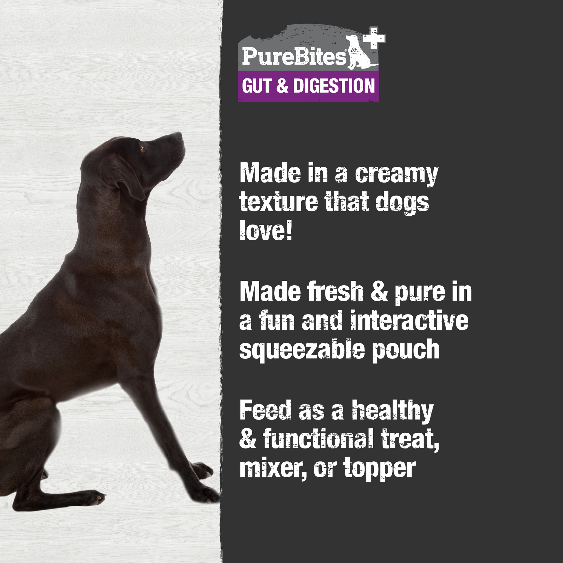 Made fresh & pure in a creamy texture and in a fun and interactive squeezable pouch, locking in the taste dogs crave and superior nutrition that pet parents love