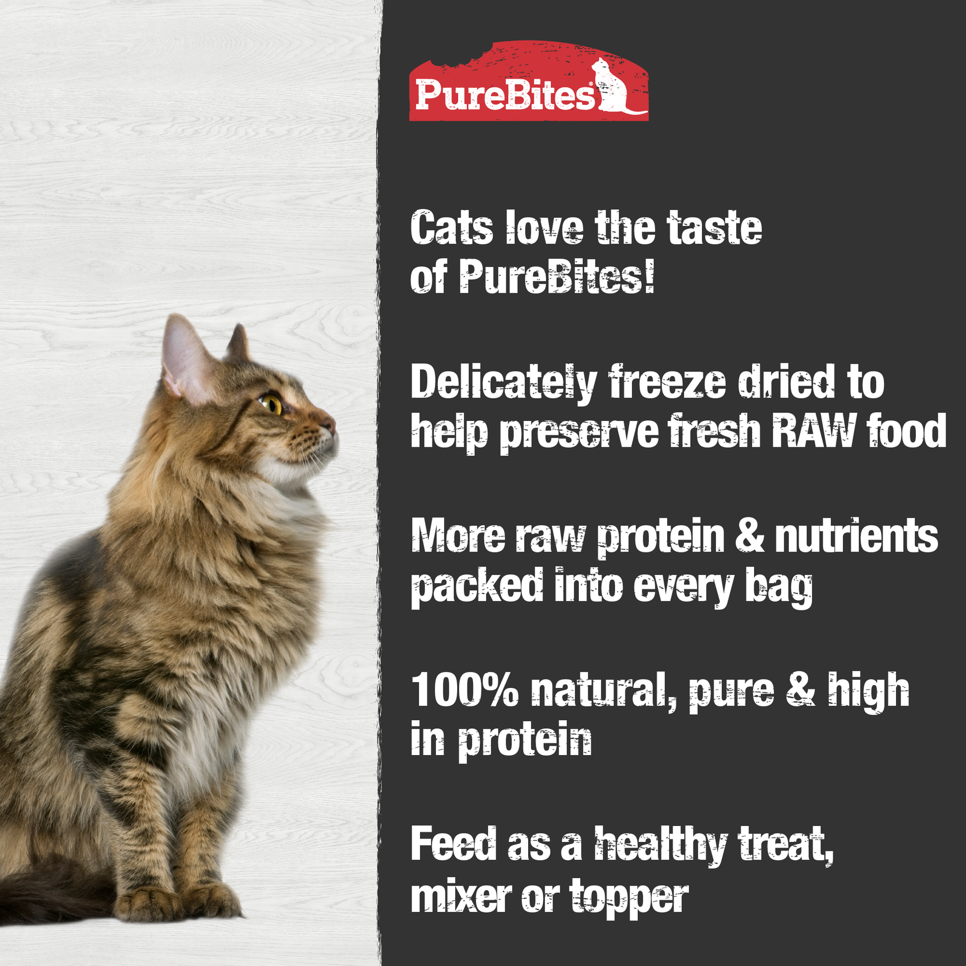 Made fresh & pure means more RAW protein and nutrients packed into every bag. Our chicken breast  is freeze dried to help preserve its RAW taste, and nutrition, and mirror a cat’s ancestral diet