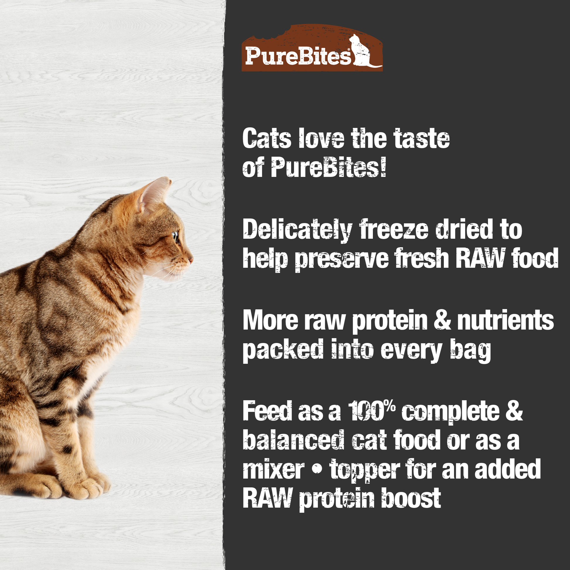 Made fresh & pure means more RAW protein and nutrients packed into every bag. Our turkey recipe food or topper is freeze dried to help preserve the ingredient's RAW taste, and nutrition, and mirror a cat’s ancestral diet