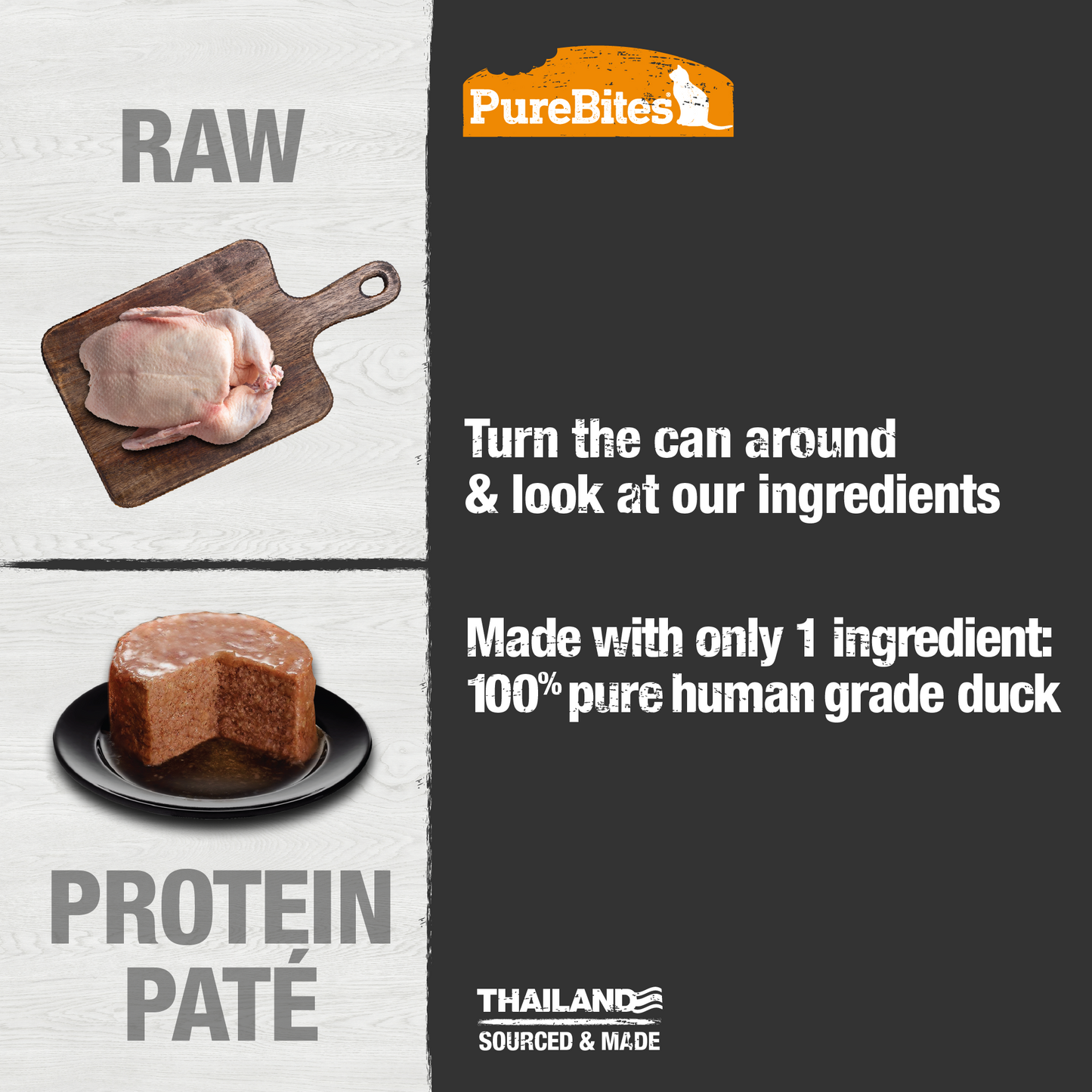 Made with only 1 Ingredient you can read, pronounce, and trust: Human grade duck.