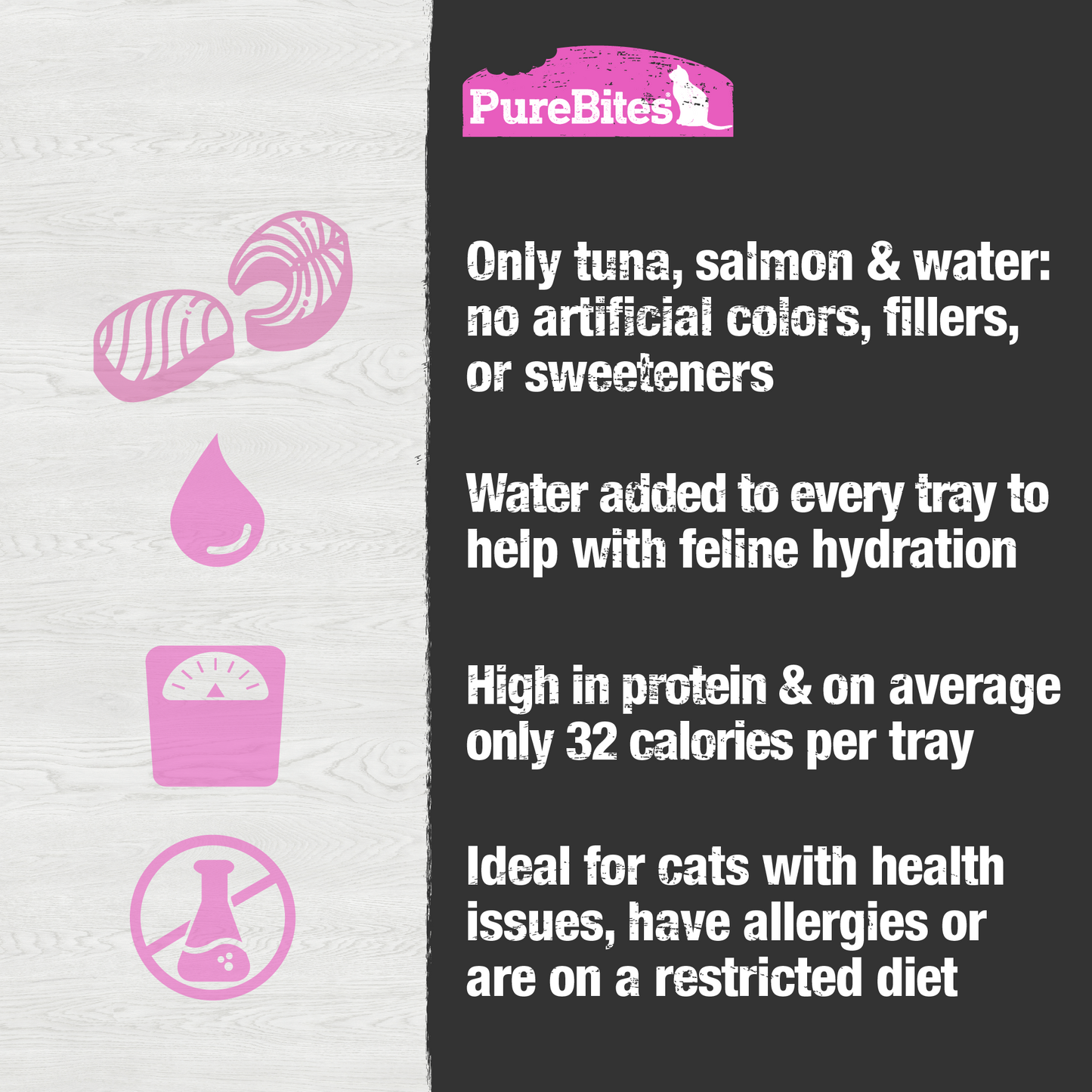 Make snack time or mealtime exciting for picky eaters!  A nutritious and flavorful feast; 100% natural, high in protein, low in calories (only 32 calories per tray), and with water added for the essential hydration cats need