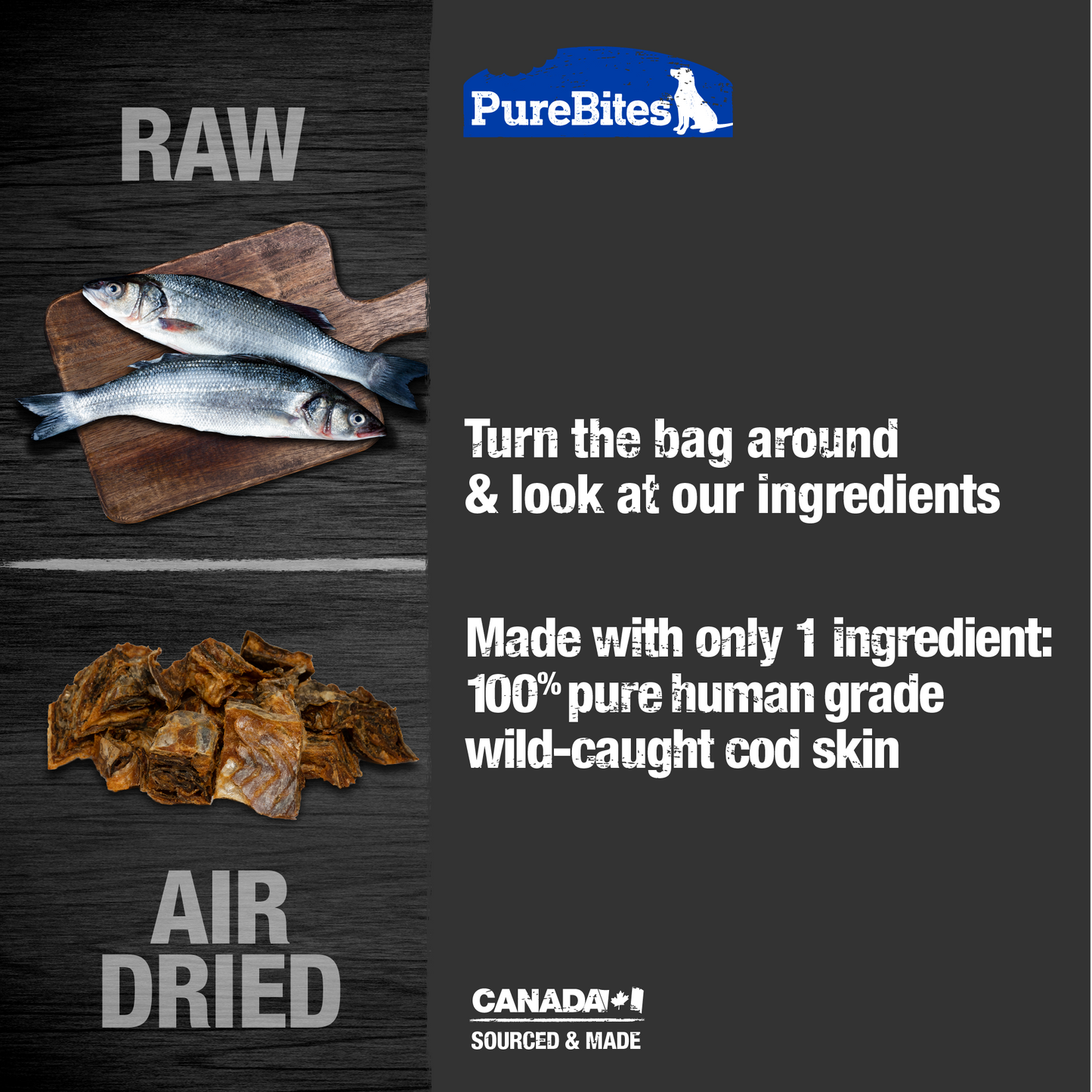 Made with only 1 Ingredient you can read, pronounce, and trust: Canadian sourced human grade wild-caught cod skin.