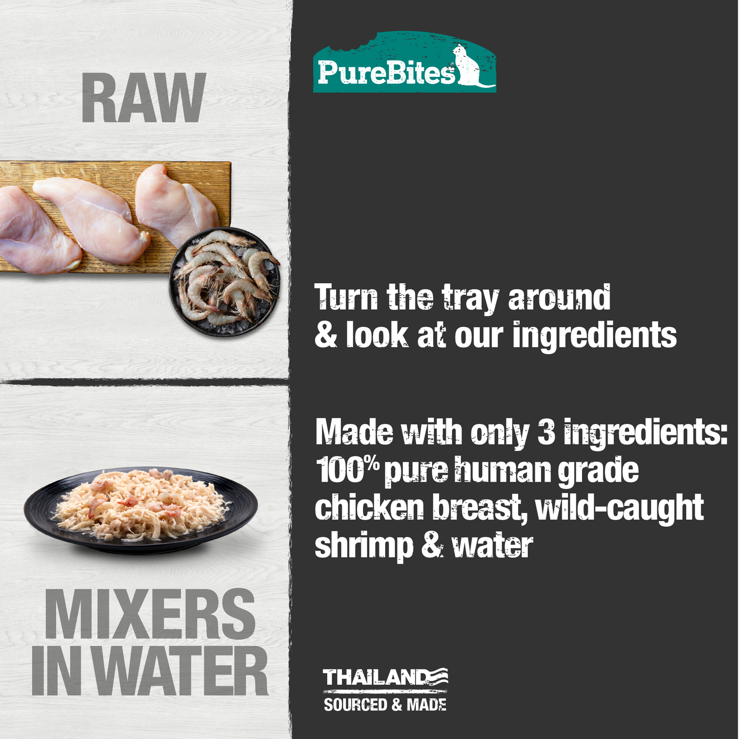 Made with only 3 Ingredients you can read, pronounce, and trust: Chicken breast, water, wild-caught shrimp.