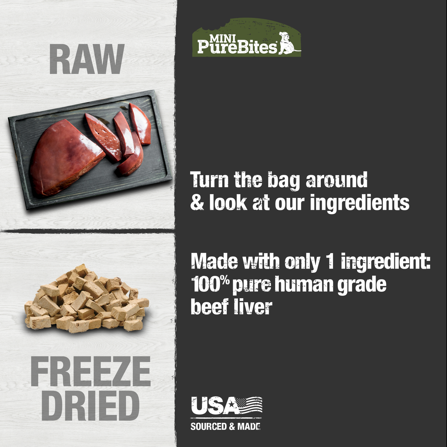 Made with only 1 Ingredient you can read, pronounce, and trust: USA sourced human grade beef liver.